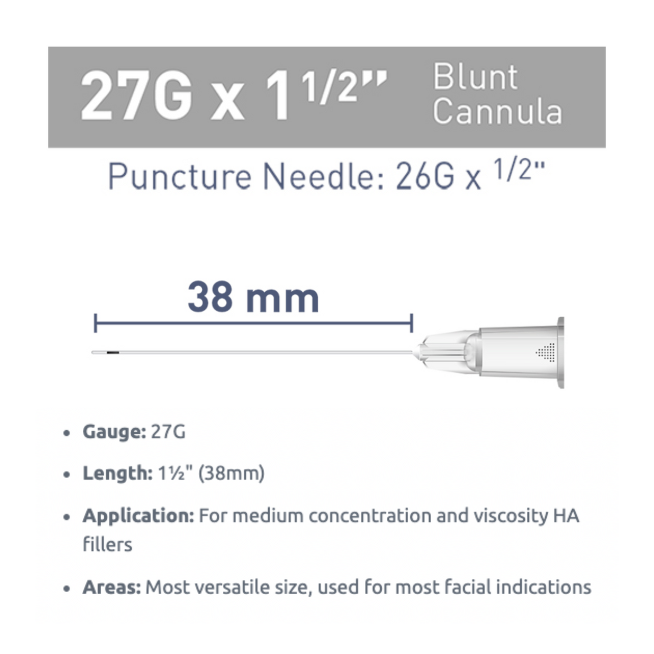 Single Cannula of 27G x 1½" (38mm) for medium concentration and viscosity HA fillers. 